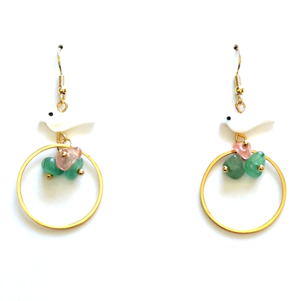 💎 3/$25 Elegant Gold and Green Gemstone White Bird Earrings